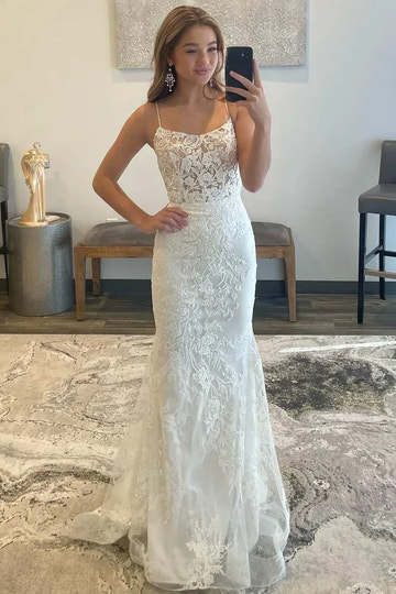 White Lace Mermaid Square Spaghetti Strap Lace-Up Maxi Prom Gown