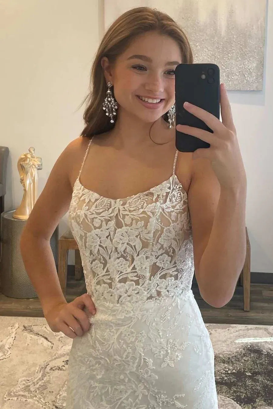 White Lace Mermaid Square Spaghetti Strap Lace-Up Maxi Prom Gown