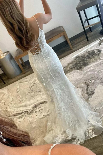 White Lace Mermaid Square Spaghetti Strap Lace-Up Maxi Prom Gown