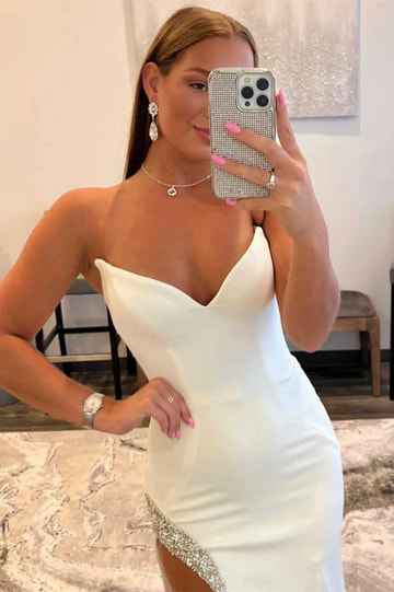 White Satin Mermaid Sweetheart Strapless Backless Maxi Prom Gown