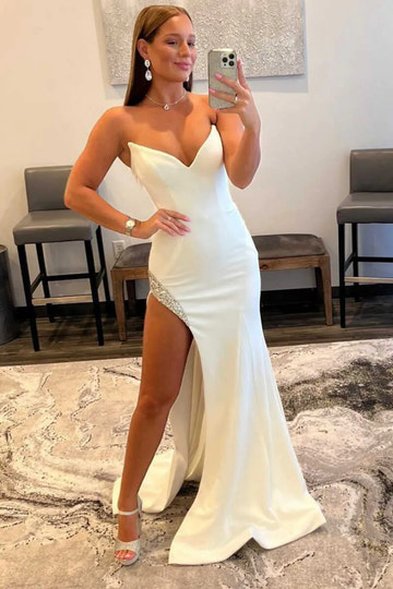 White Satin Mermaid Sweetheart Strapless Backless Maxi Prom Gown