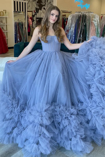 Tulle A-Line Sweetheart Strapless Backless Maxi Prom Gown
