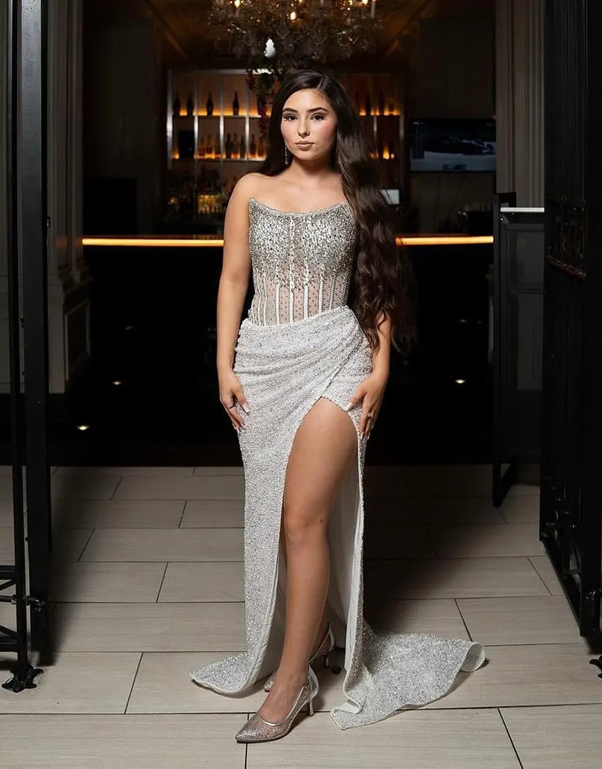 Women's Sequin Strapless Maxi Prom Dress with Slit Mermaid Evening Gown with Sheer Mesh and High Slit
