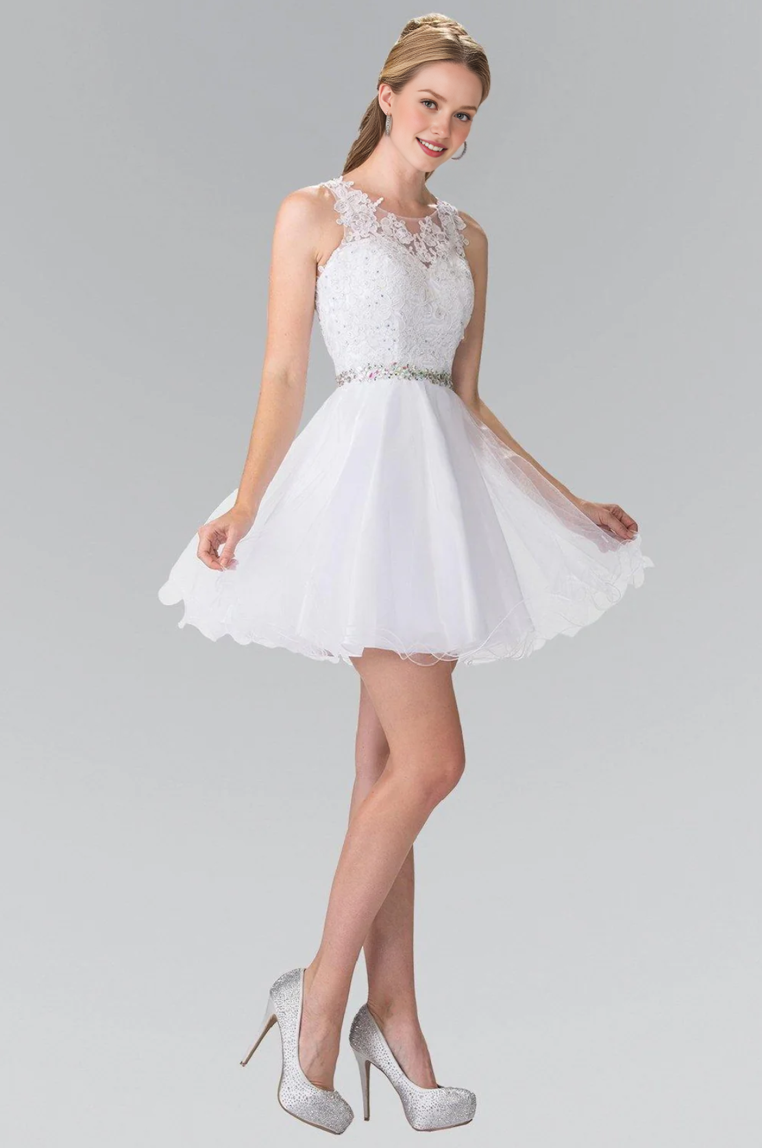 Elegant Lace Applique Tulle Scoop Neck Sleeveless Open Back Short Formal A Line Short Cocktail Dress