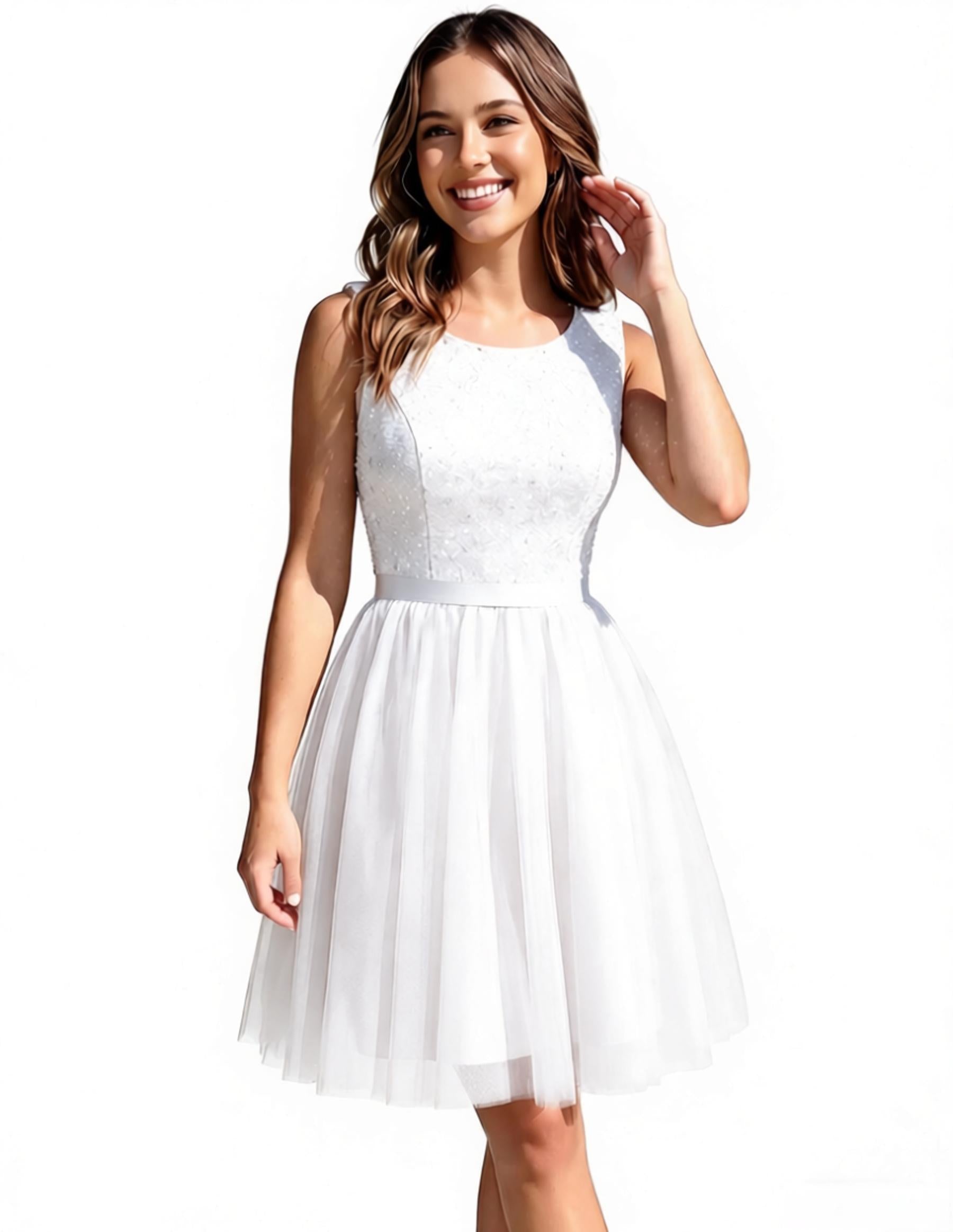 Sleeveless Round Neck A-Line Short Homecoming Dress - Sequin Top & Tulle Skirt, Lace-Up Back Cocktail Dress