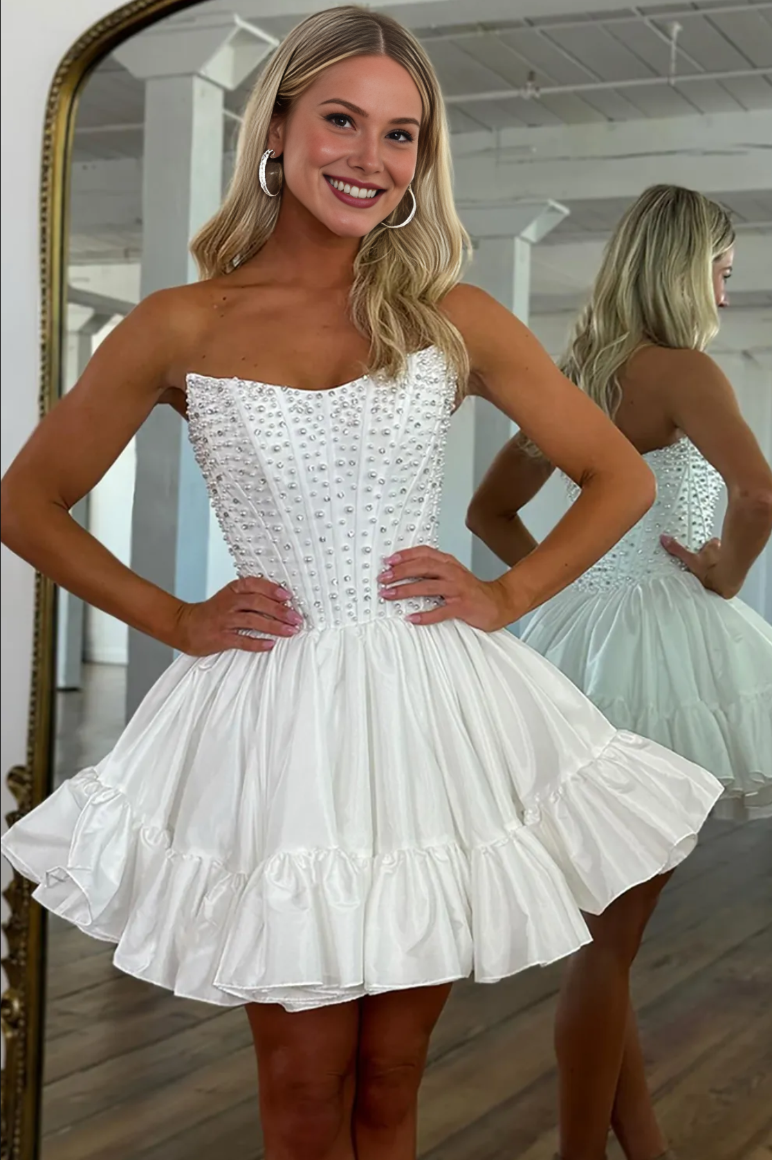 Sweetheart Beaded Ruffle Mini Satin Strapless Pearls Short Corset Homecoming Dress