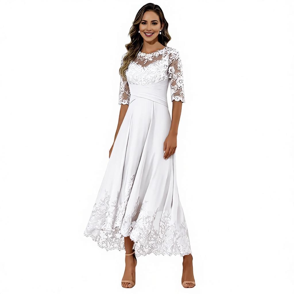 Lace Chiffon Mother of the Bride Dress - 3/4 Sleeve Tea Length Formal Wedding Guest Dress with Keyhole Back