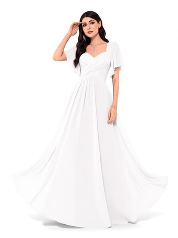 Square Neck Flutter Sleeve Chiffon Bridesmaid Dress - A-Line Floor Length Formal Evening Gown with Lace-Up Back for Wedding Guest & Party