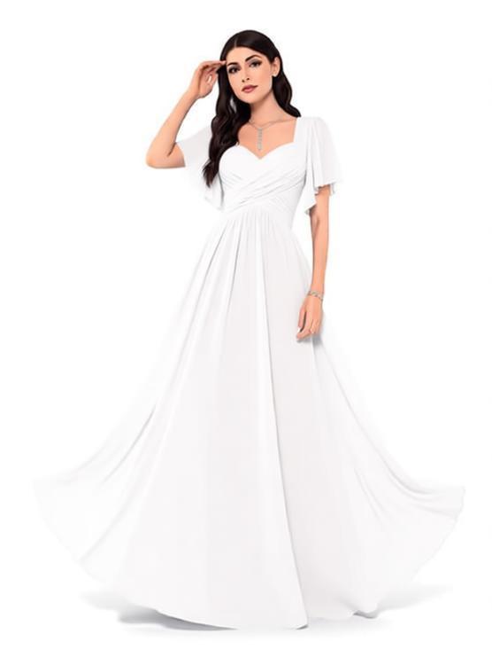 Square Neck Flutter Sleeve Chiffon Bridesmaid Dress - A-Line Floor Length Formal Evening Gown with Lace-Up Back for Wedding Guest & Party