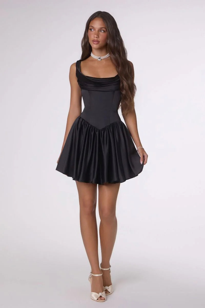 Wide Strap Cowl Neck Sleeveless Lace Up Back Flare Mini Homecoming Dress