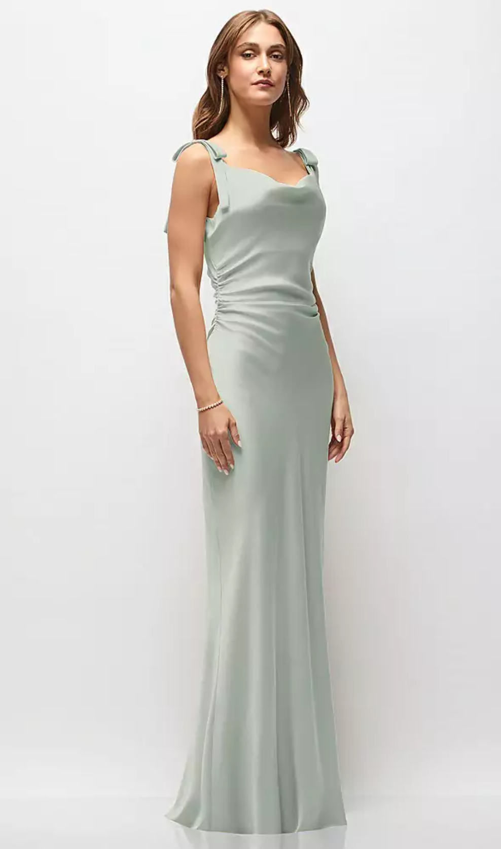 Women's Satin Cowl Neck Maxi Dress with Bow Shoulder Straps & Ruched Waist Formal Evening Gown Bridesmaid Dresses