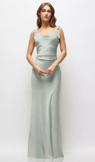 Women's Satin Cowl Neck Maxi Dress with Bow Shoulder Straps & Ruched Waist Formal Evening Gown Bridesmaid Dresses