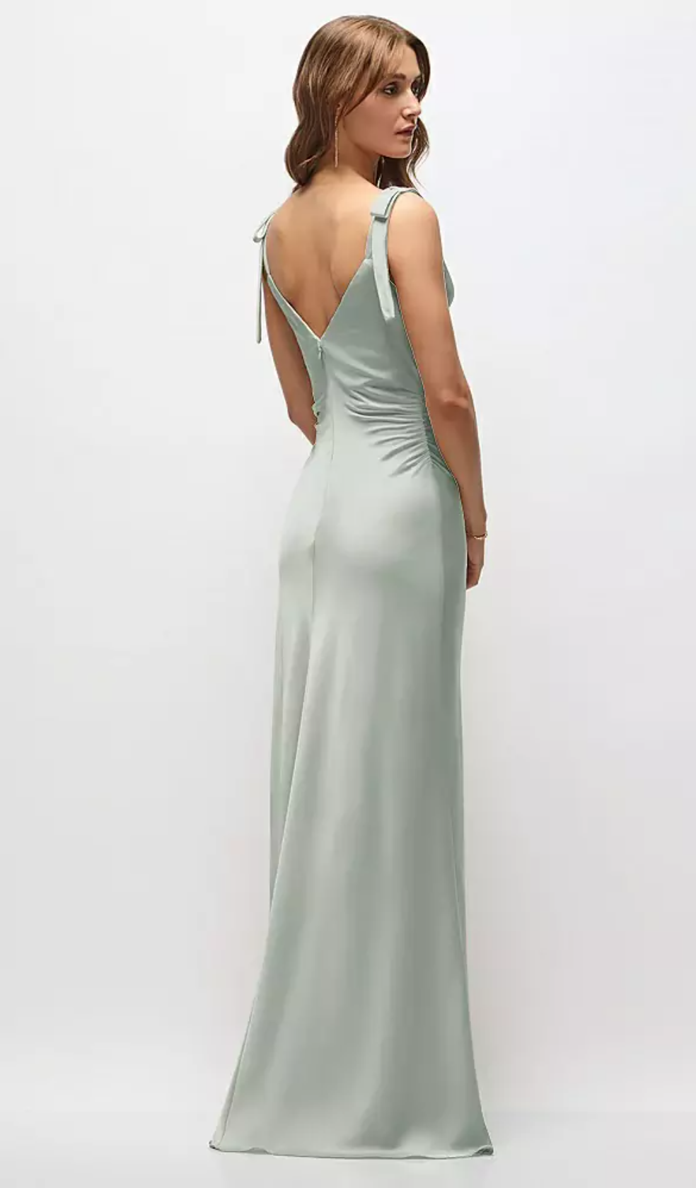 Women's Satin Cowl Neck Maxi Dress with Bow Shoulder Straps & Ruched Waist Formal Evening Gown Bridesmaid Dresses