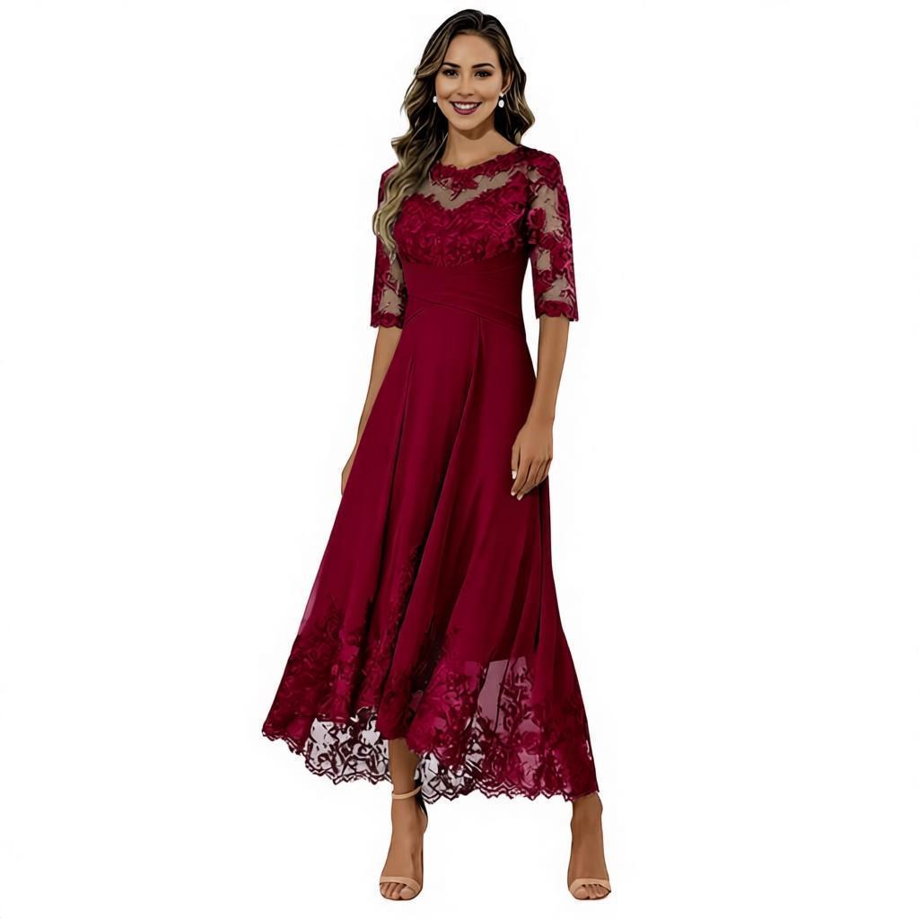 Lace Chiffon Mother of the Bride Dress - 3/4 Sleeve Tea Length Formal Wedding Guest Dress with Keyhole Back