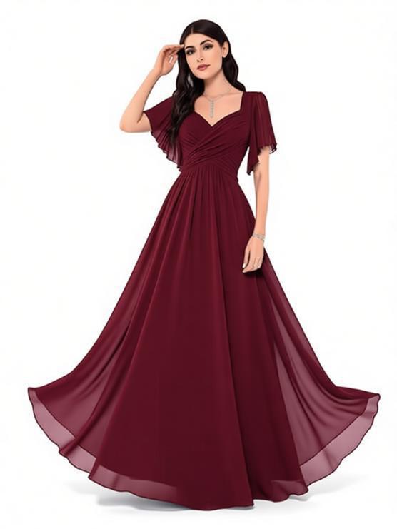 Square Neck Flutter Sleeve Chiffon Bridesmaid Dress - A-Line Floor Length Formal Evening Gown with Lace-Up Back for Wedding Guest & Party