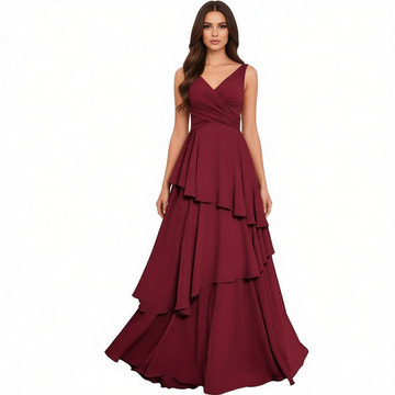 Tiered Chiffon Bridesmaid Dress with V-Neck & Lace-Up Back - Elegant Formal Gown for Weddings & Events