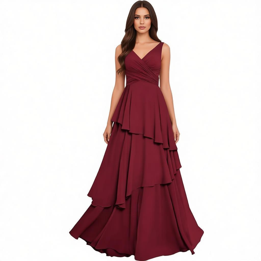 Tiered Chiffon Bridesmaid Dress with V-Neck & Lace-Up Back - Elegant Formal Gown for Weddings & Events