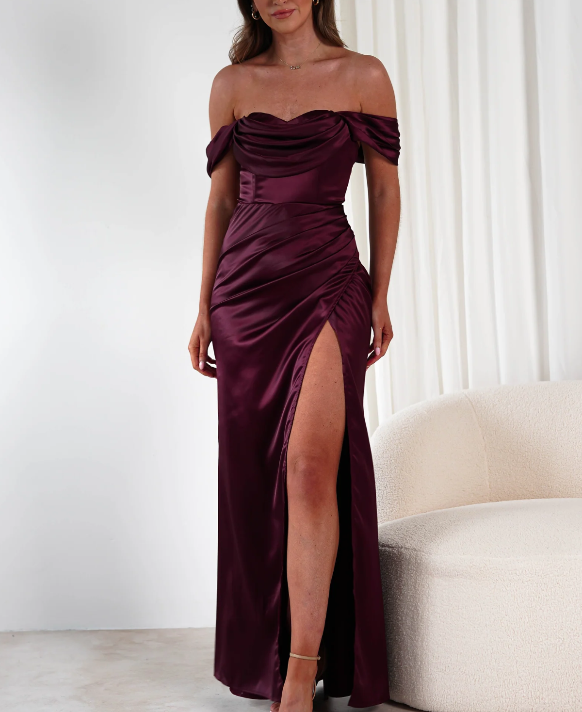 Elegant Satin Formal Dress Evening Gown Off Shoulder With High Thigh Slit