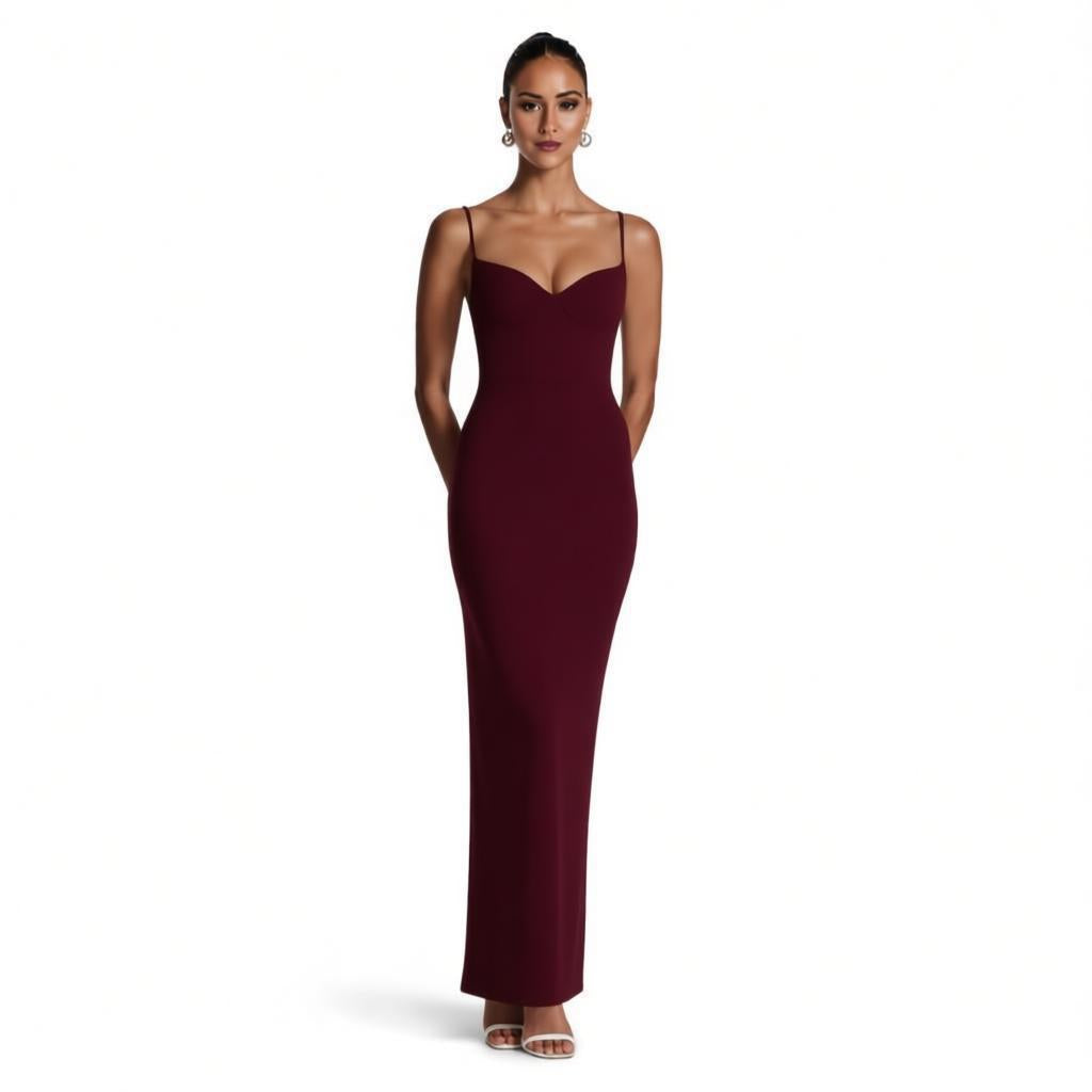 Spaghetti Straps Maxi Dress with Lace-Up Back & Back Slit Satin Bodycon Gown for Weddings