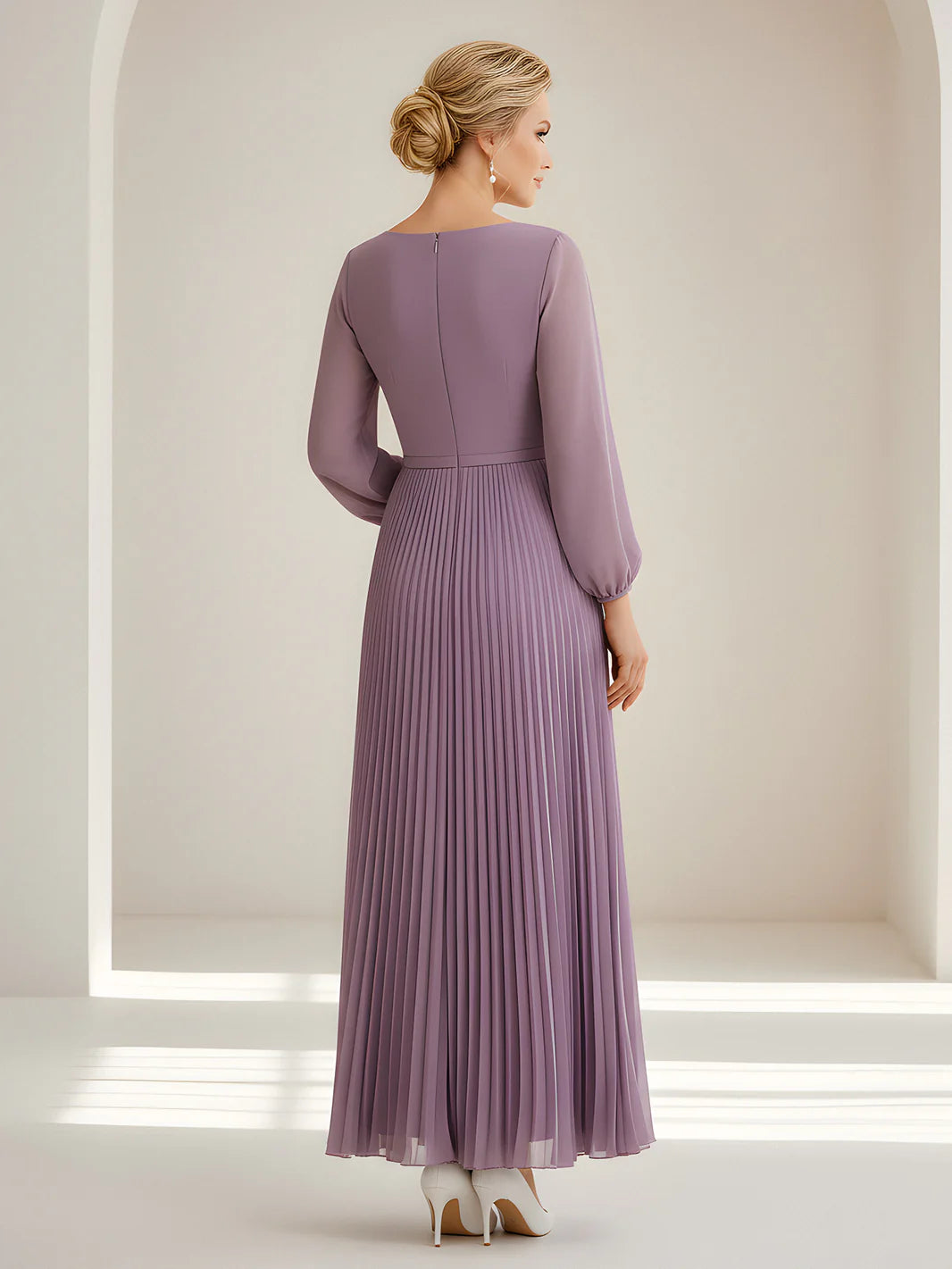 Chiffon Pleated Maxi Dress with Long Puff Sleeves Formal Gown for Mother of the Bride