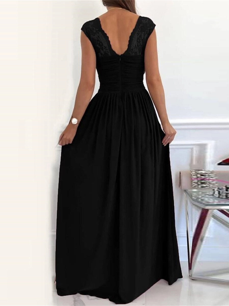 Chic A Line V Neck Sleeveless Zip Back Slit Long Prom Dress