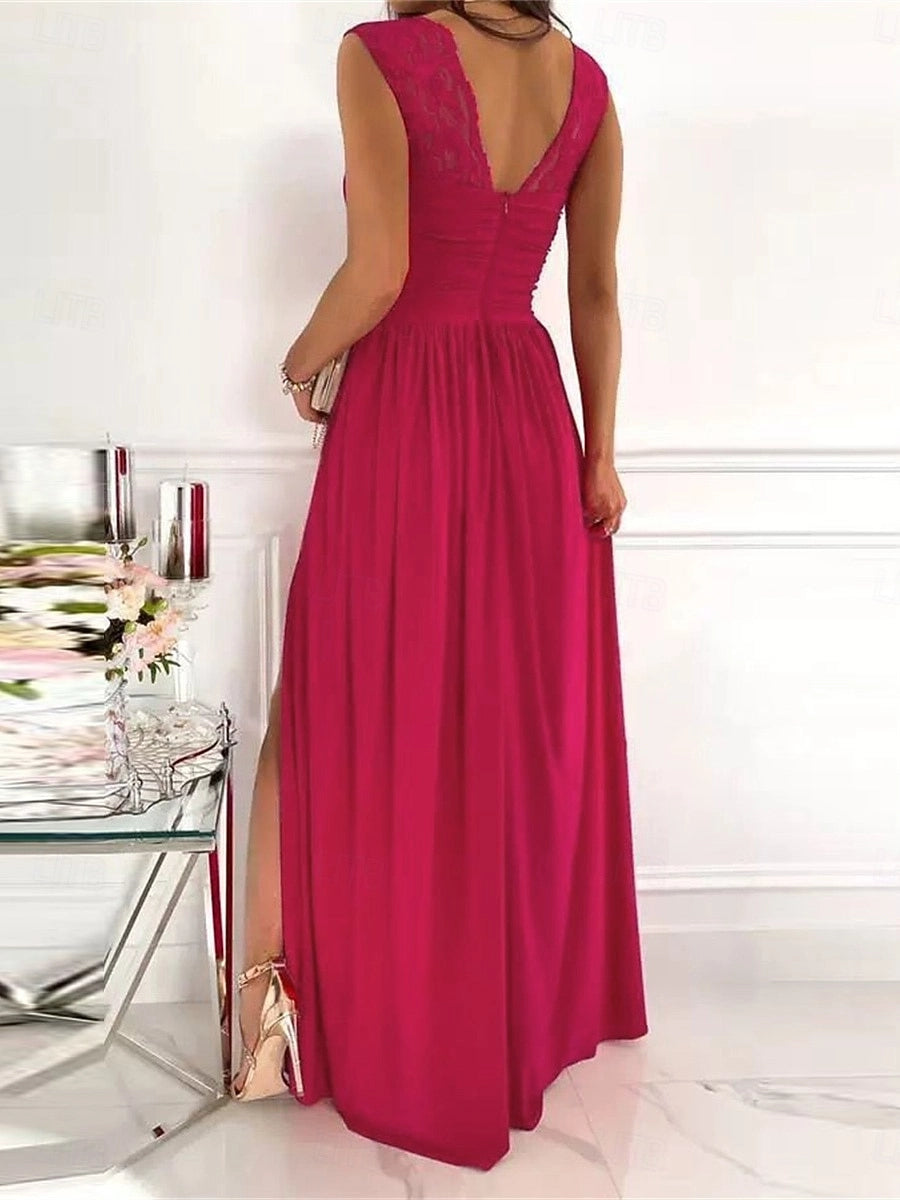 Vedress lace deep v back zip back long prom dress back view gathered waist chiffon gown