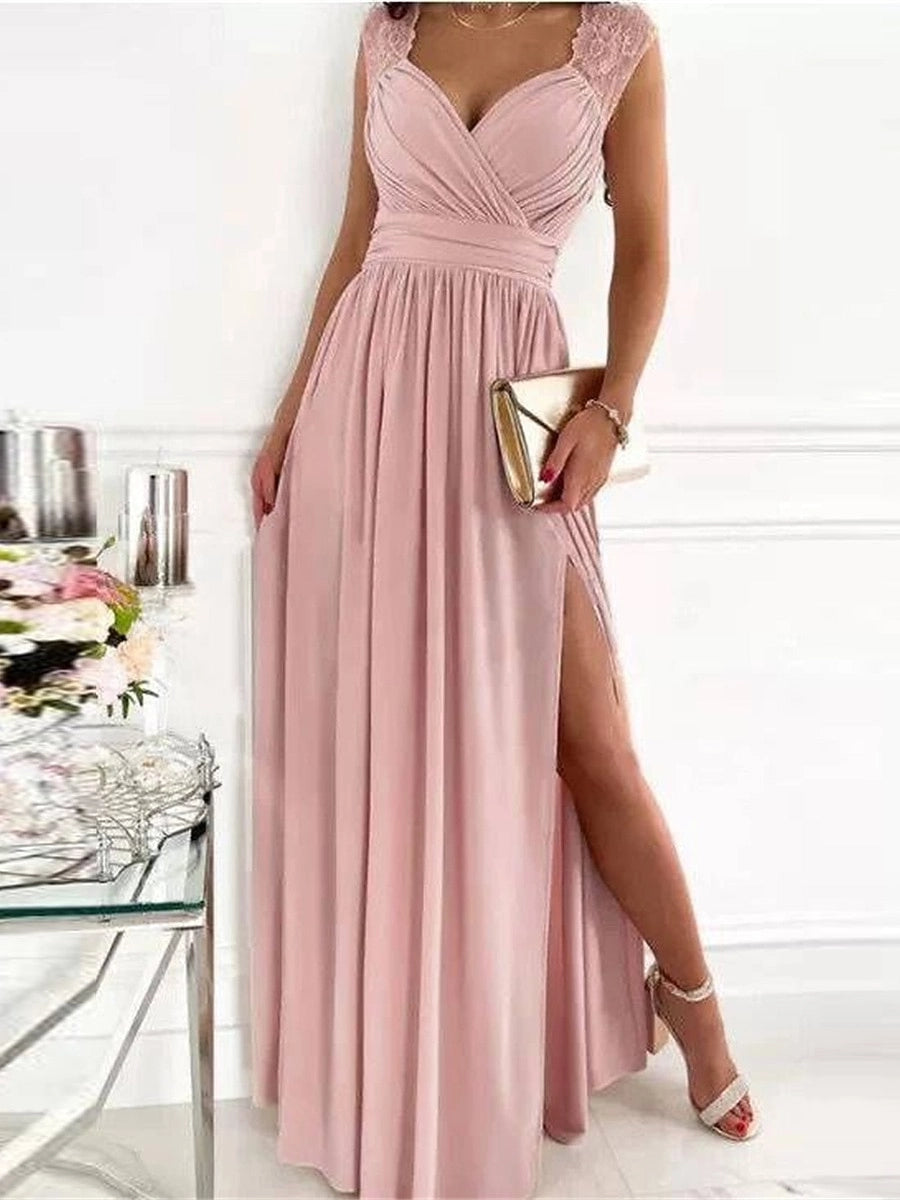 Chic A Line V Neck Sleeveless Zip Back Slit Long Prom Dress