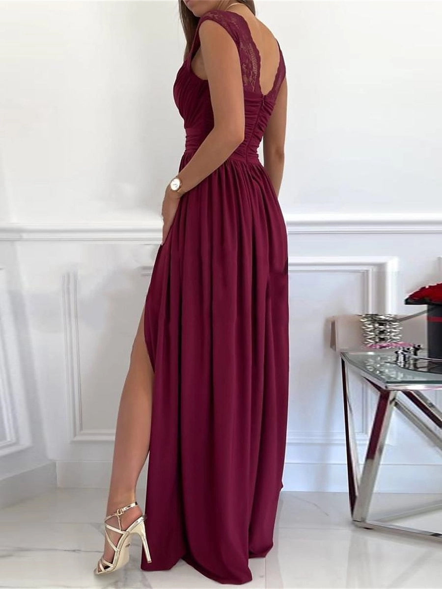 Chic A Line V Neck Sleeveless Zip Back Slit Long Prom Dress