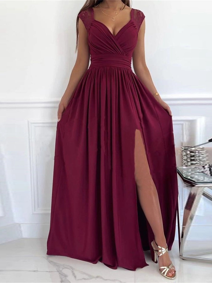 Chic A Line V Neck Sleeveless Zip Back Slit Long Prom Dress