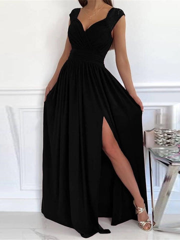 Chic A Line V Neck Sleeveless Zip Back Slit Long Prom Dress