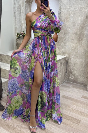 Chiffon Aline One Shoulder Single Sleeve Zip Back Maxi Prom Dress