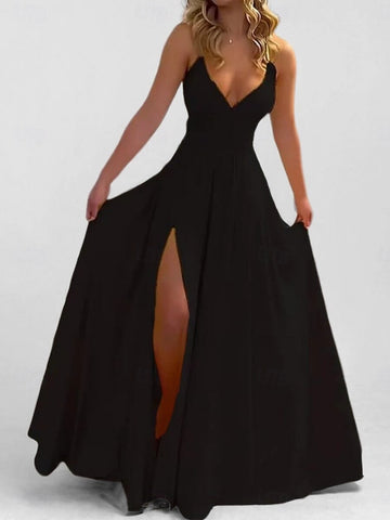 Satin ALine V Neck Spaghetti Strap Plain Back Maxi Prom Dress