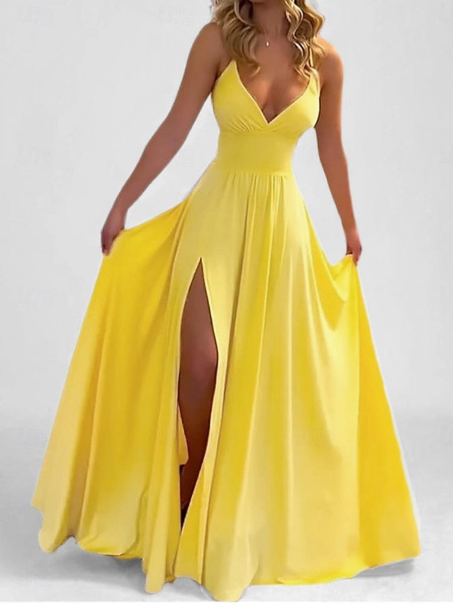 Satin ALine V Neck Spaghetti Strap Plain Back Maxi Prom Dress