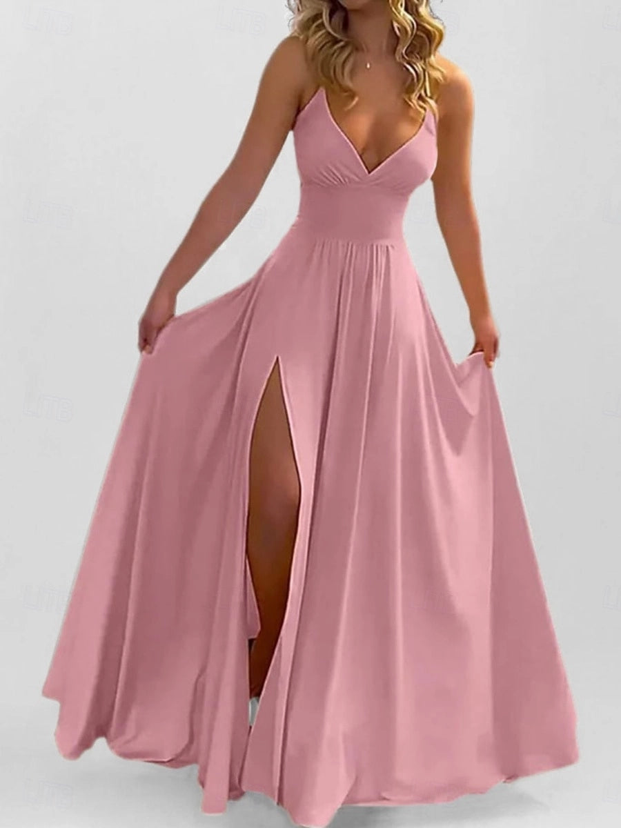 Satin ALine V Neck Spaghetti Strap Plain Back Maxi Prom Dress