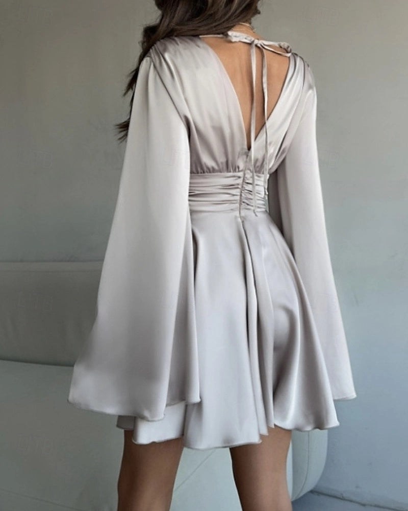 Satin Aline Plunge V Bell Sleeve Tie Back Mini Prom Dress