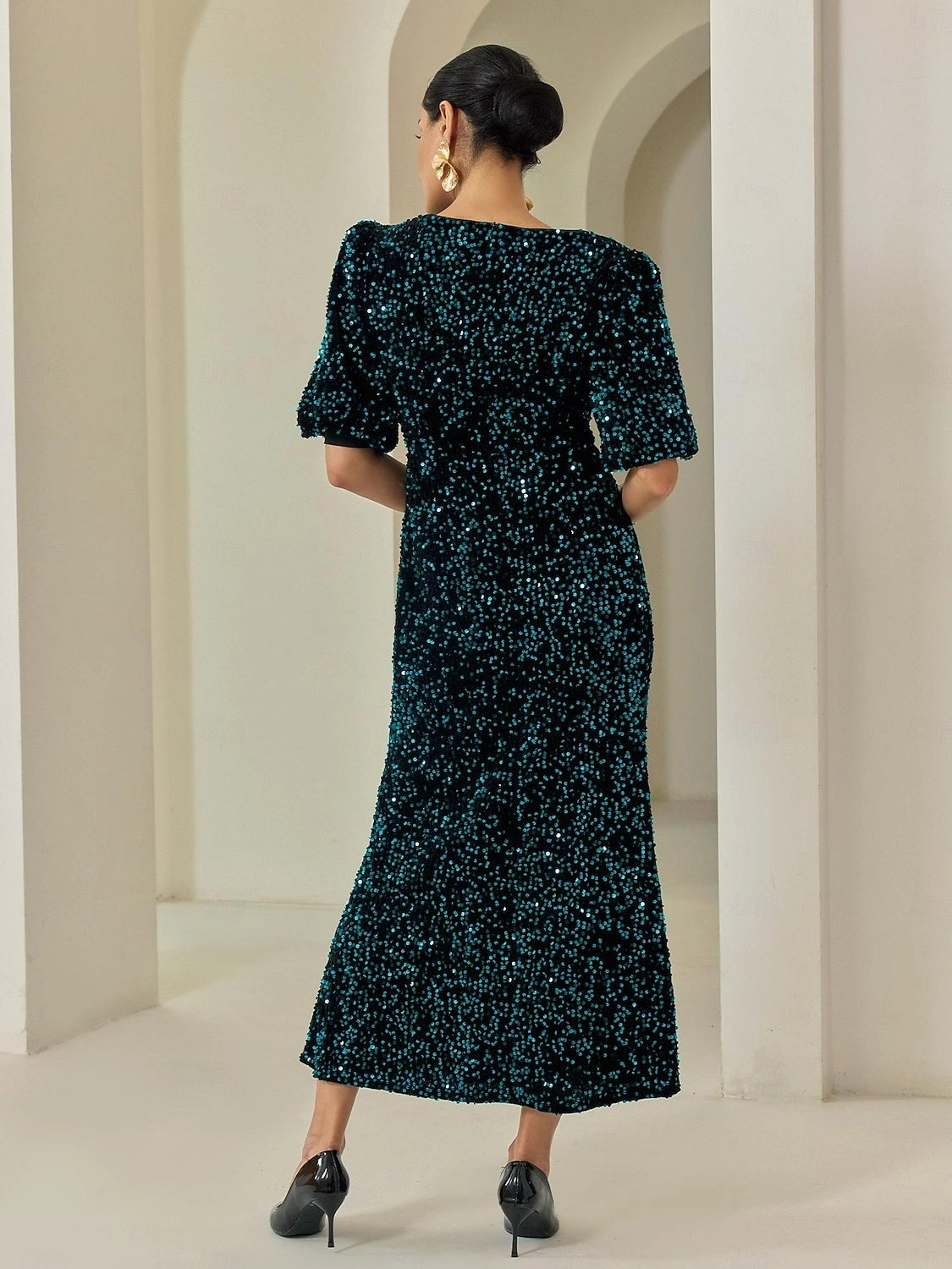 Sequin H Round Neck Puff Sleeve Closed Back Midi Prom Dress