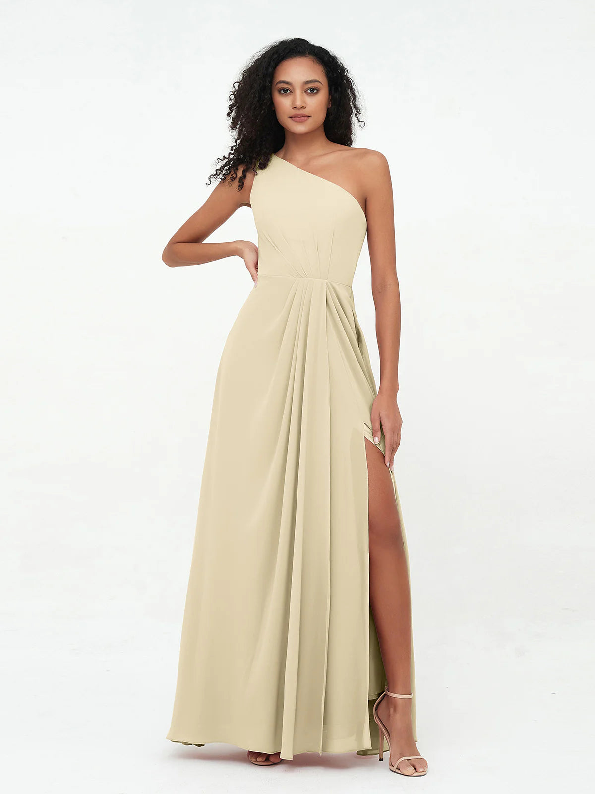 One Shoulder Pleated Waist Chiffon A-Line Bridesmaid Maxi Dress with Side Slit