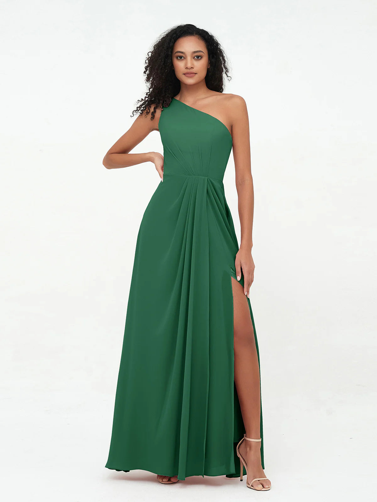 One Shoulder Pleated Waist Chiffon A-Line Bridesmaid Maxi Dress with Side Slit