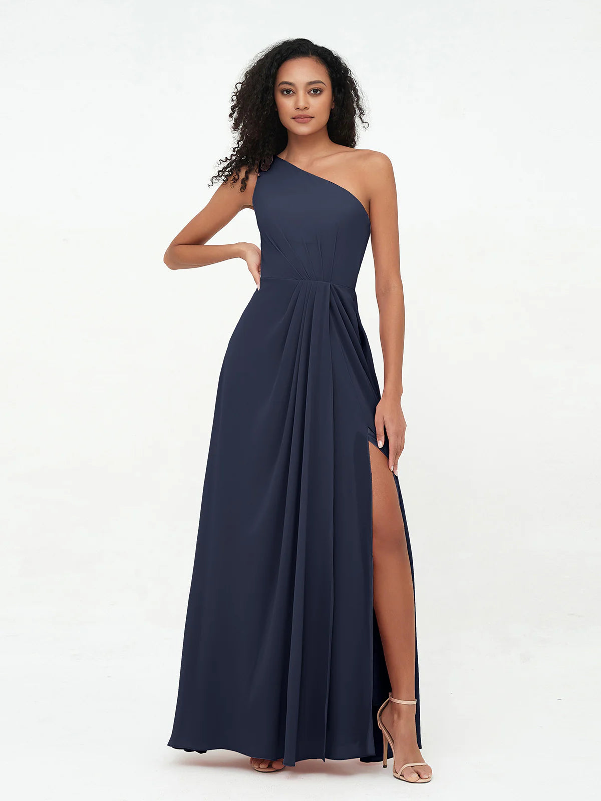 One Shoulder Pleated Waist Chiffon A-Line Bridesmaid Maxi Dress with Side Slit