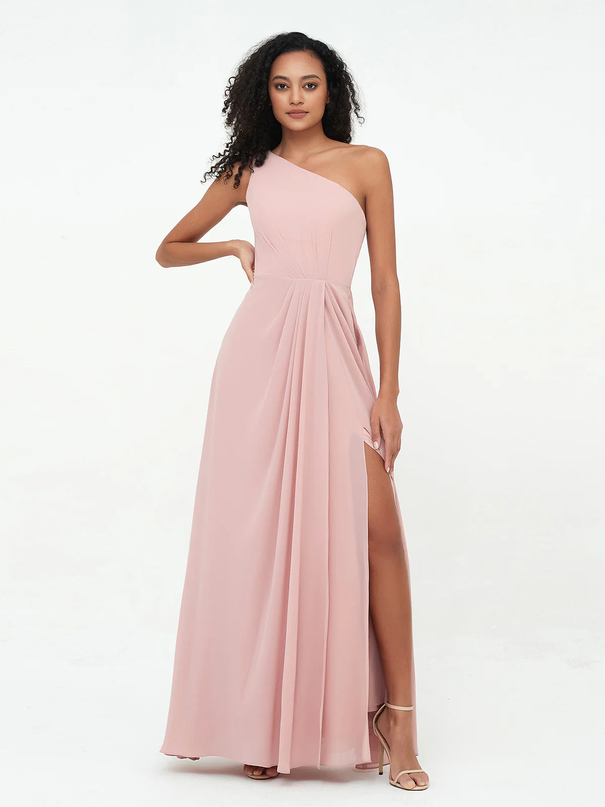 One Shoulder Pleated Waist Chiffon A-Line Bridesmaid Maxi Dress with Side Slit
