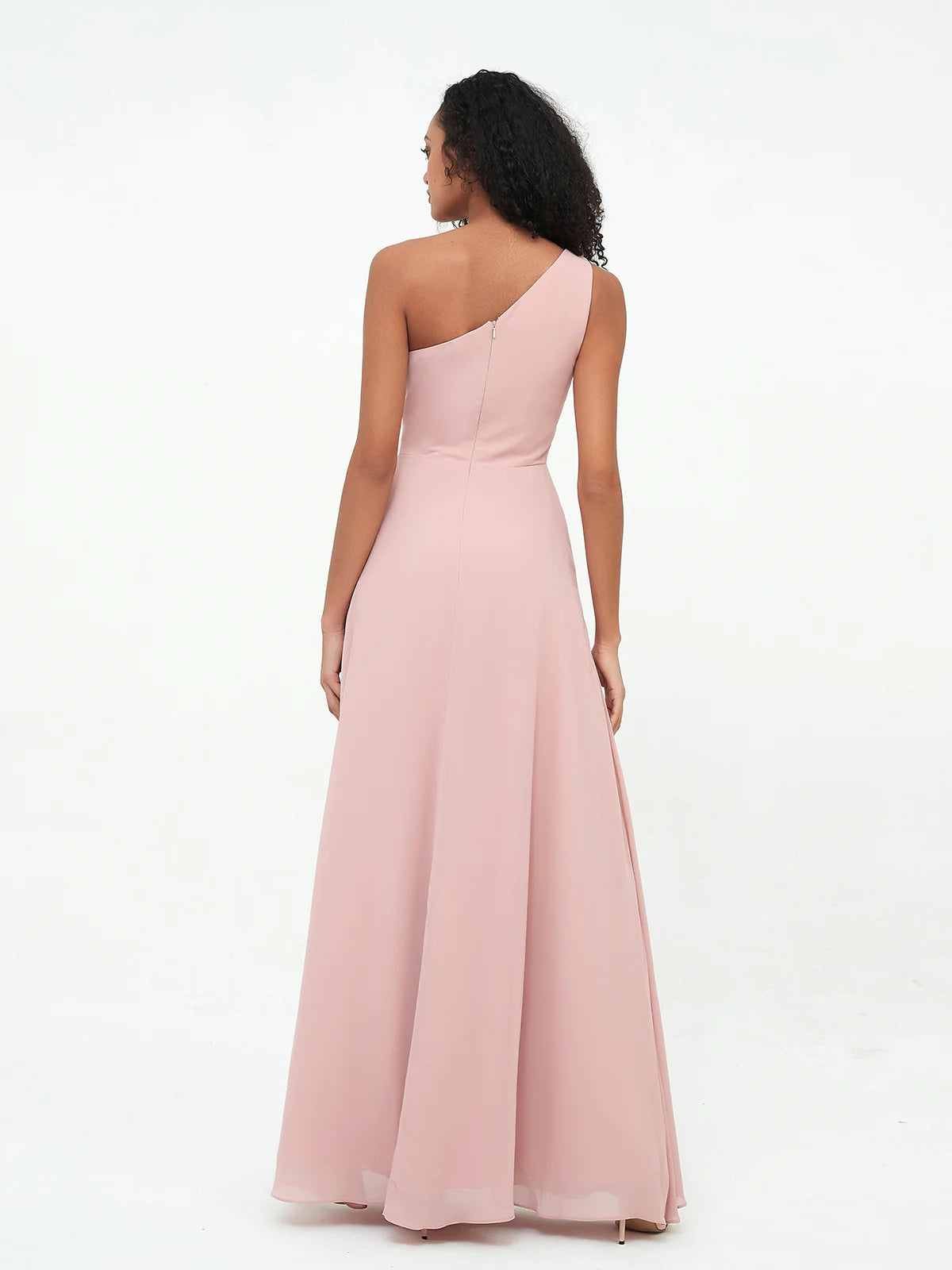 One Shoulder Pleated Waist Chiffon A-Line Bridesmaid Maxi Dress with Side Slit