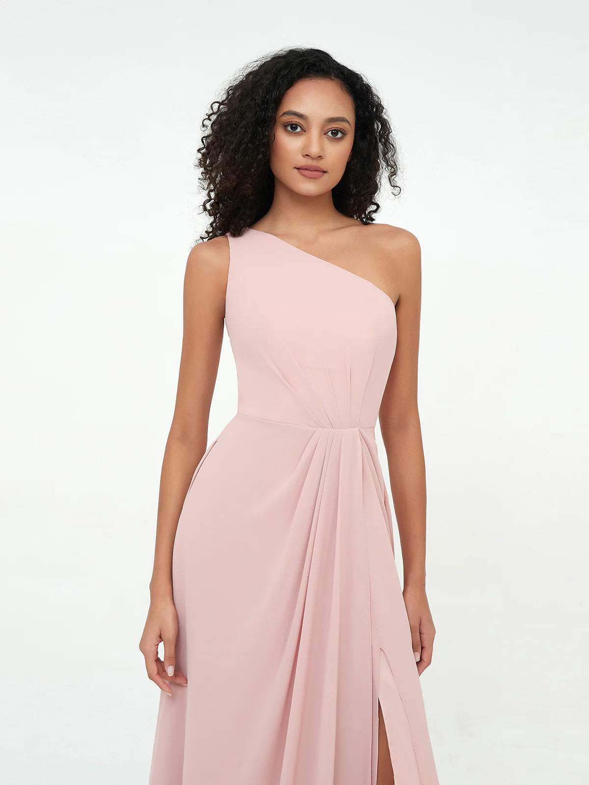 One Shoulder Pleated Waist Chiffon A-Line Bridesmaid Maxi Dress with Side Slit