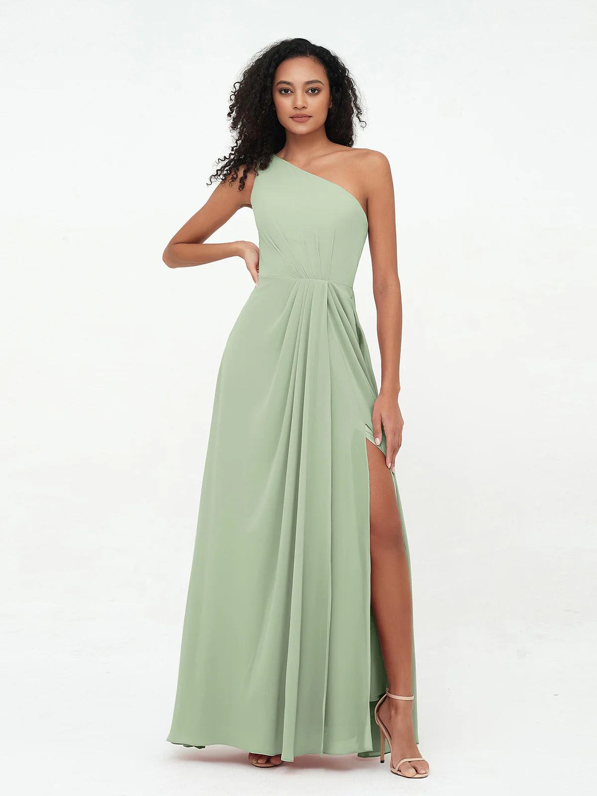 One Shoulder Pleated Waist Chiffon A-Line Bridesmaid Maxi Dress with Side Slit