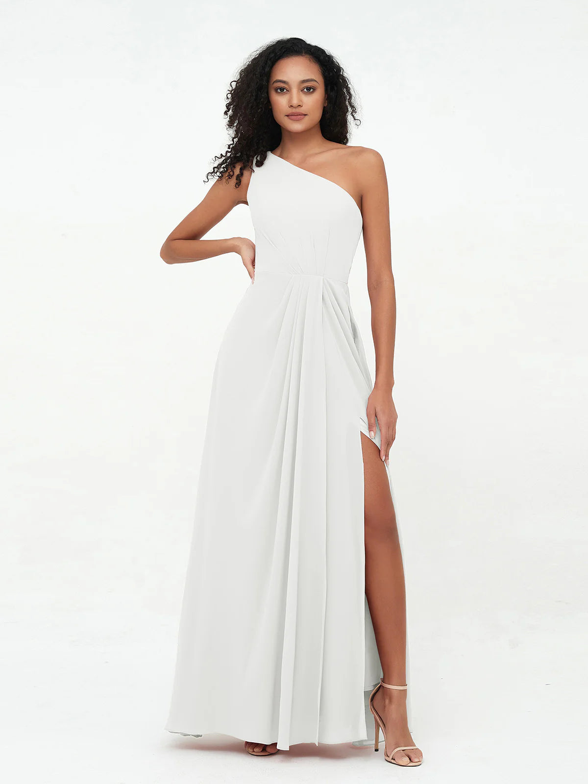 One Shoulder Pleated Waist Chiffon A-Line Bridesmaid Maxi Dress with Side Slit