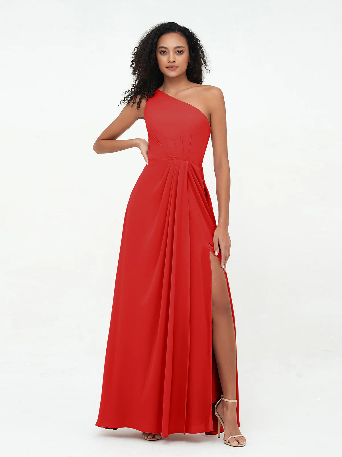 One Shoulder Pleated Waist Chiffon A-Line Bridesmaid Maxi Dress with Side Slit