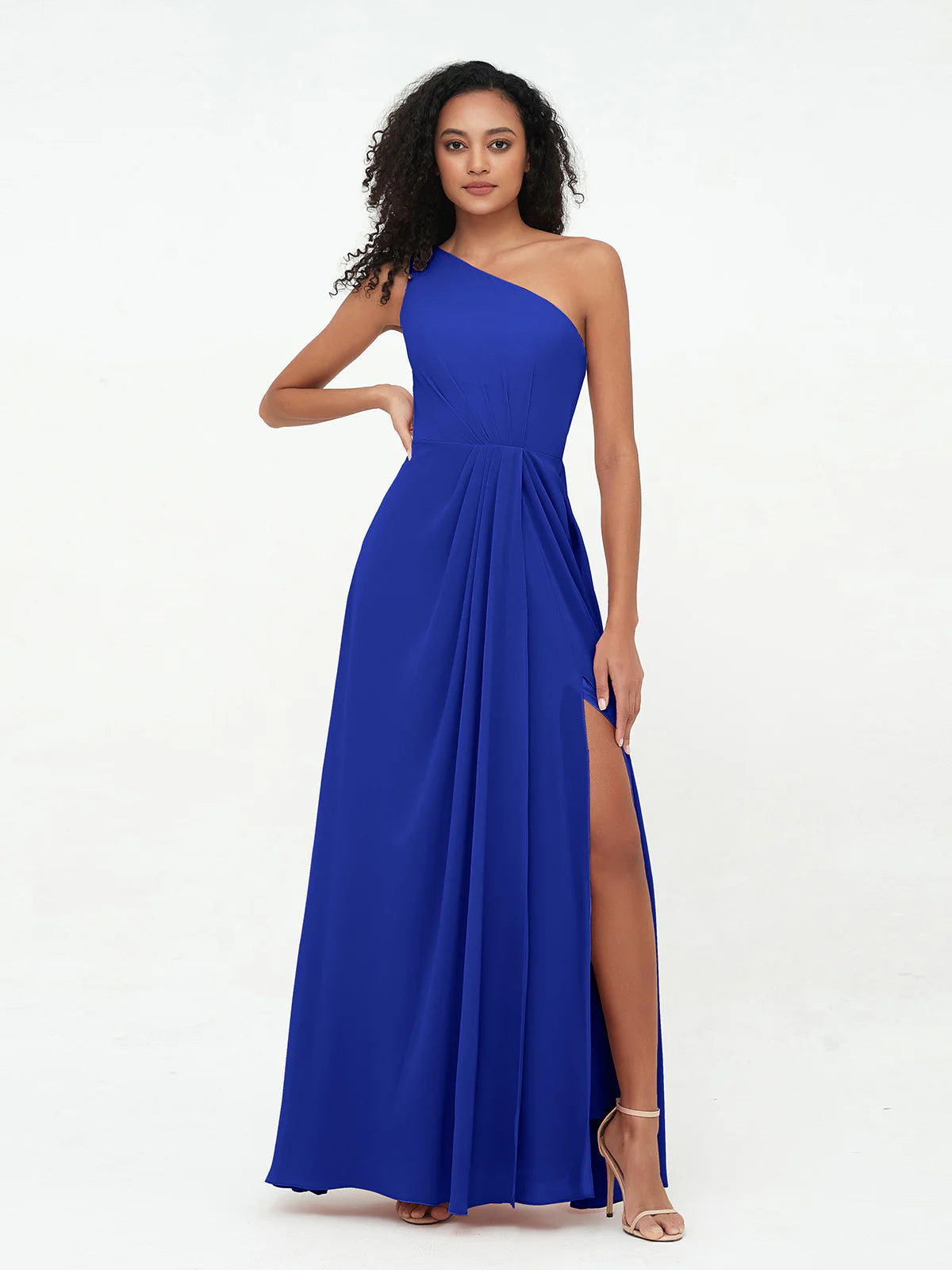 One Shoulder Pleated Waist Chiffon A-Line Bridesmaid Maxi Dress with Side Slit