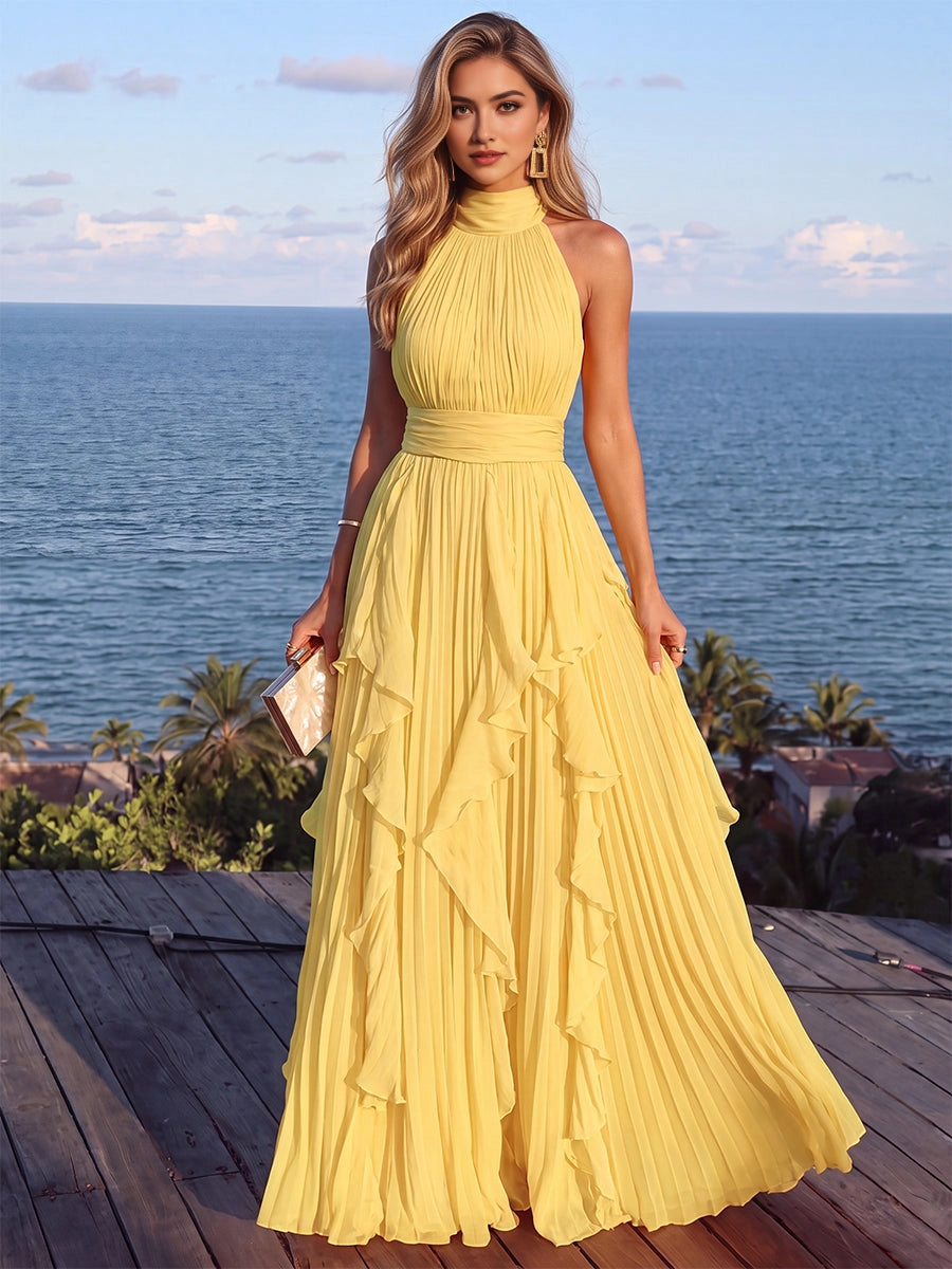 Vedress yellow prom dress,front view halter high neck,wide waist sash,vertical pleated chiffon,side ruffle A‑line skirt,seaside wooden deck background