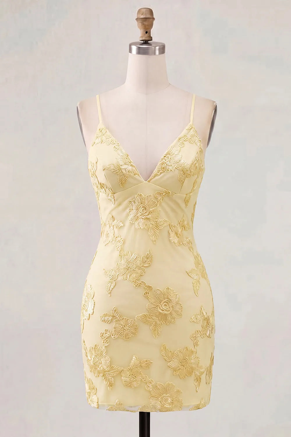 Floral Embroidered Lace Spaghetti Strap V-Neck Crisscross Lace-Up Back Bodycon Mini Homecoming Dress