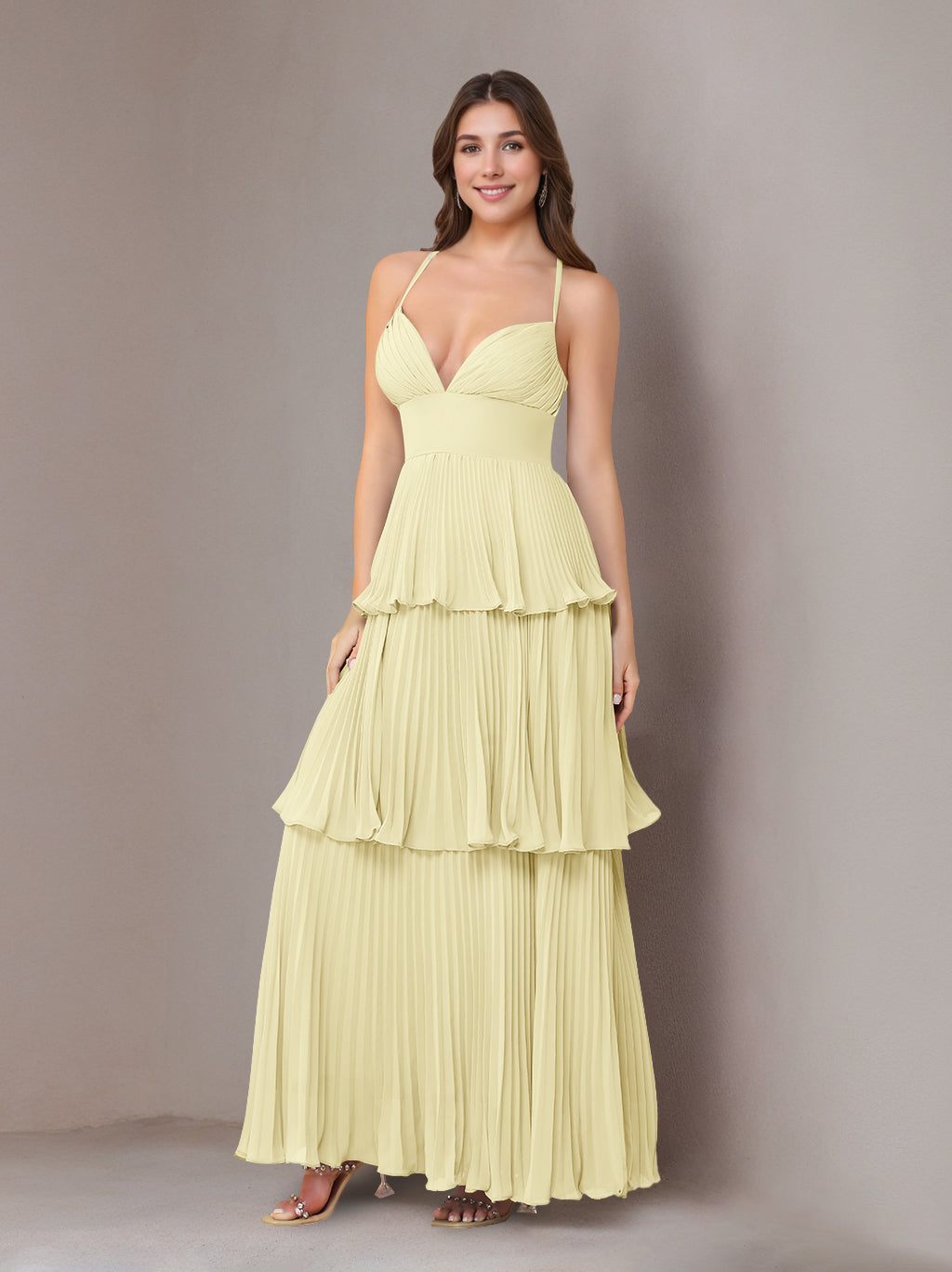 A-Line Maxi Dress Spaghetti Straps Sleeveless Floor-Length Chiffon Wedding Guest Bridesmaid Dresses with Pleated