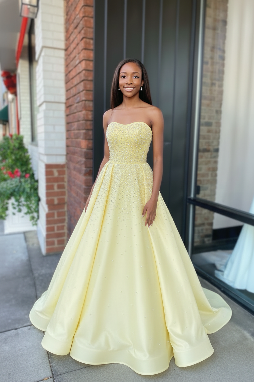 Strapless Sweetheart Neck Beaded Satin Maxi Gown with Side Pockets Formal Evening Dress for Prom & Wedding Guest